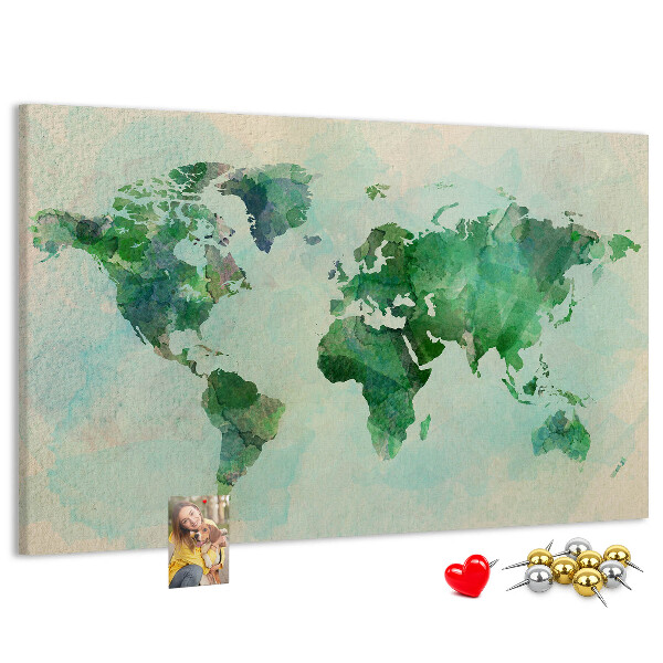 Kurk prikbord met groene aquarel wereldkaart