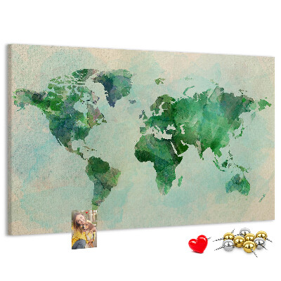 Kurk prikbord met groene aquarel wereldkaart