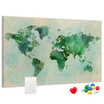 Kurk prikbord met groene aquarel wereldkaart