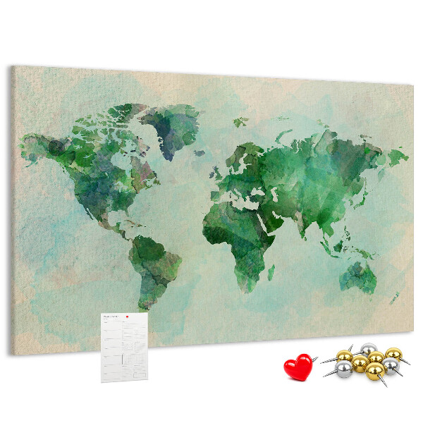 Kurk prikbord met groene aquarel wereldkaart