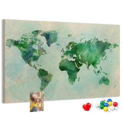 Kurk prikbord met groene aquarel wereldkaart