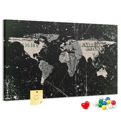 Prikbord met een wereldkaart op een dollarbiljet