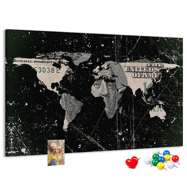 Prikbord met een wereldkaart op een dollarbiljet