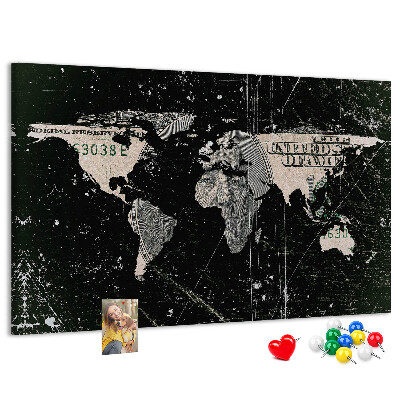 Prikbord met een wereldkaart op een dollarbiljet