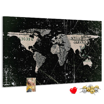 Prikbord met een wereldkaart op een dollarbiljet