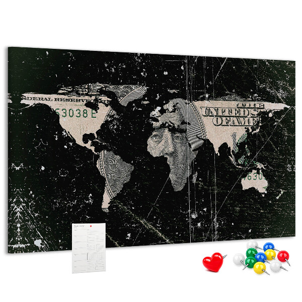Prikbord met een wereldkaart op een dollarbiljet