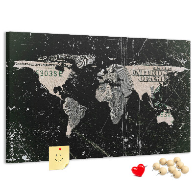 Prikbord met een wereldkaart op een dollarbiljet