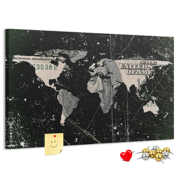 Prikbord met een wereldkaart op een dollarbiljet