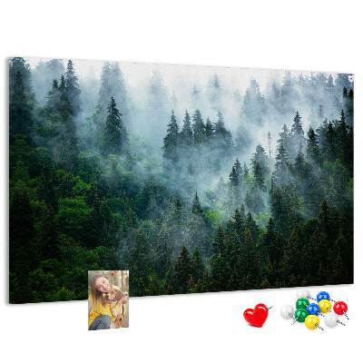 Prikbord mistig boslandschap met dennenbomen
