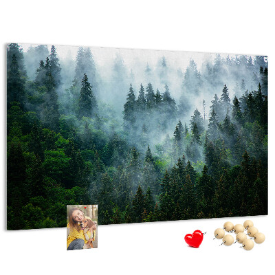 Prikbord mistig boslandschap met dennenbomen