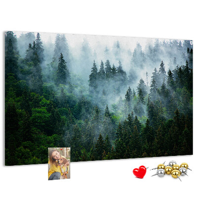 Prikbord mistig boslandschap met dennenbomen