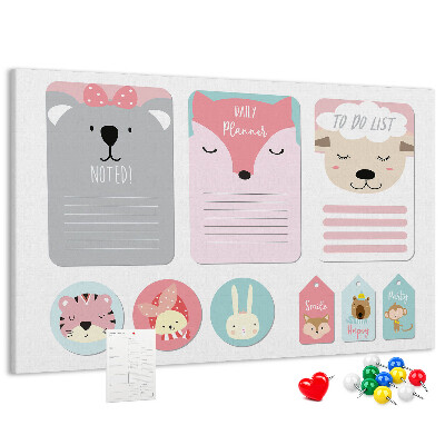 Kurk prikbord met gekleurde briefjes en schattige dieren