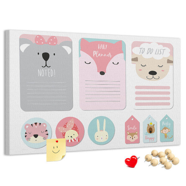 Kurk prikbord met gekleurde briefjes en schattige dieren