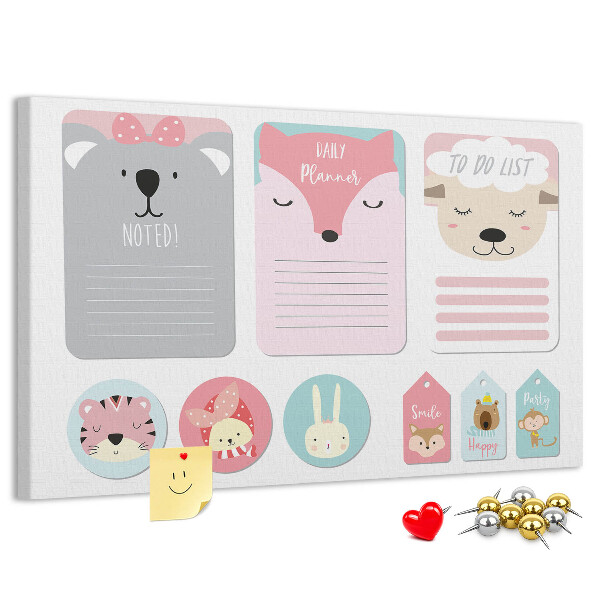 Kurk prikbord met gekleurde briefjes en schattige dieren