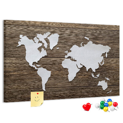 Kurk prikbord met een wereldkaart op een houten achtergrond