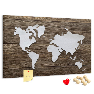 Kurk prikbord met een wereldkaart op een houten achtergrond