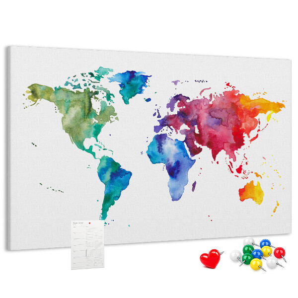 Kleurrijke aquarel wereldkaart prikbord