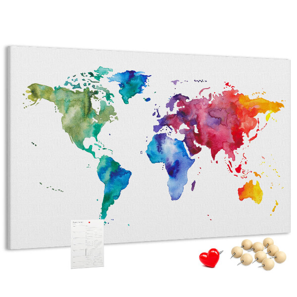Kleurrijke aquarel wereldkaart prikbord