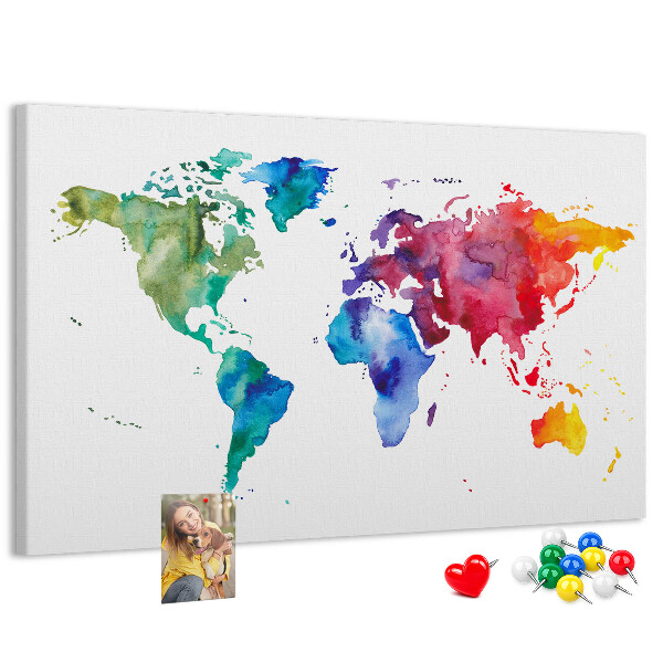Kleurrijke aquarel wereldkaart prikbord
