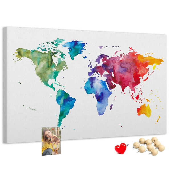 Kleurrijke aquarel wereldkaart prikbord