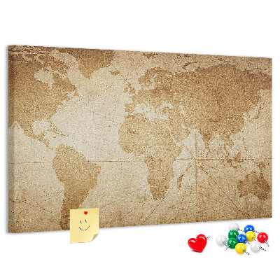 Prikbord met kaart van de oude wereld op een bruine achtergrond