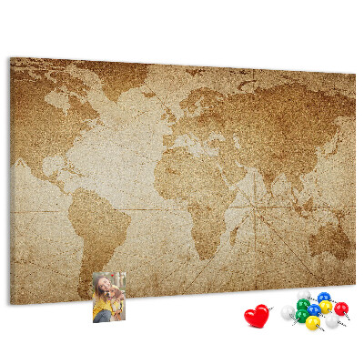 Prikbord met kaart van de oude wereld op een bruine achtergrond
