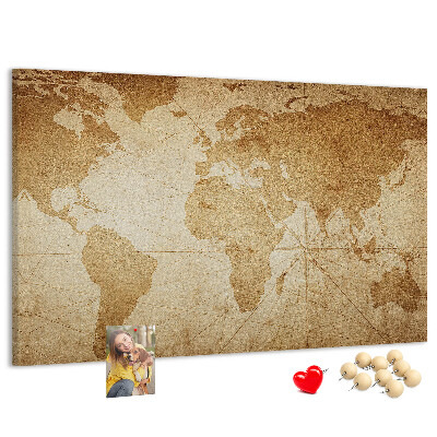 Prikbord met kaart van de oude wereld op een bruine achtergrond