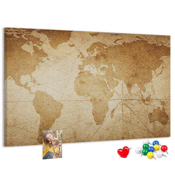 Prikbord met kaart van de oude wereld op een bruine achtergrond