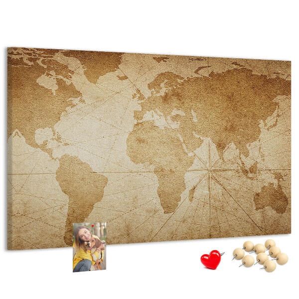Prikbord met kaart van de oude wereld op een bruine achtergrond