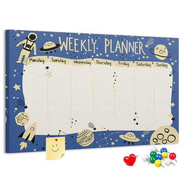 Kurkbord kosmische weekplanner met planeten en sterren