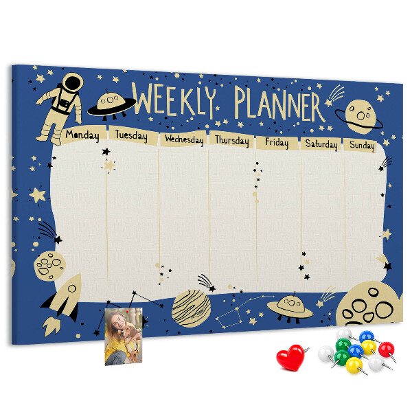 Kurkbord kosmische weekplanner met planeten en sterren
