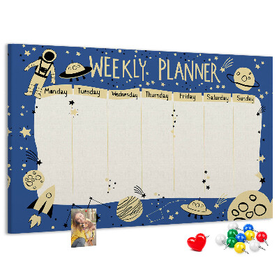 Kurkbord kosmische weekplanner met planeten en sterren