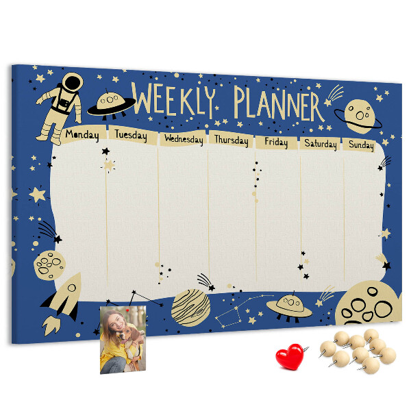 Kurkbord kosmische weekplanner met planeten en sterren