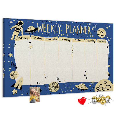 Kurkbord kosmische weekplanner met planeten en sterren