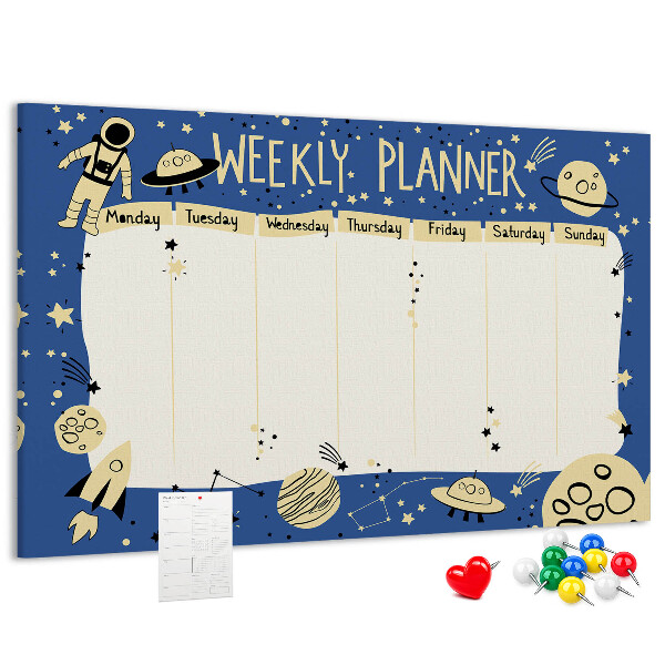 Kurkbord kosmische weekplanner met planeten en sterren