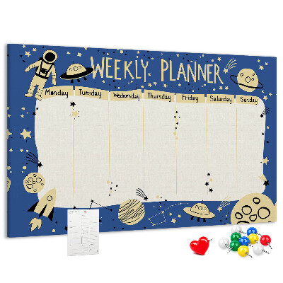 Kurkbord kosmische weekplanner met planeten en sterren