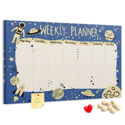 Kurkbord kosmische weekplanner met planeten en sterren