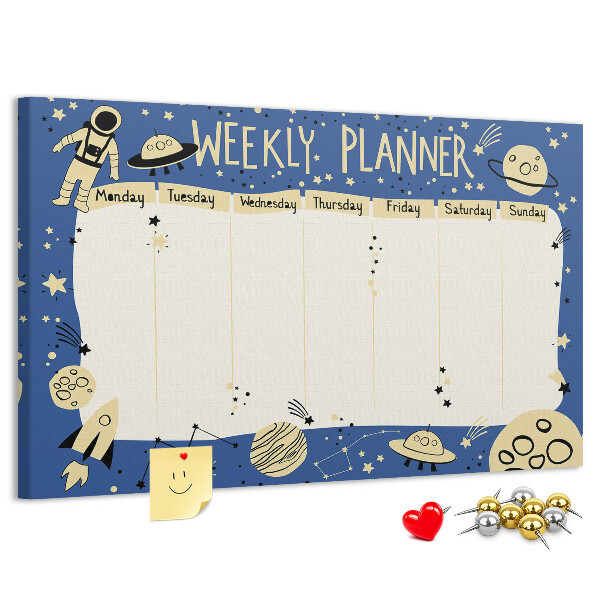 Kurkbord kosmische weekplanner met planeten en sterren