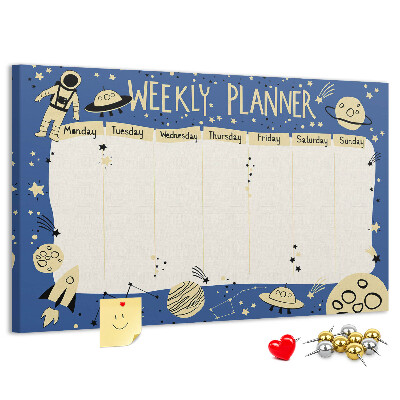Kurkbord kosmische weekplanner met planeten en sterren
