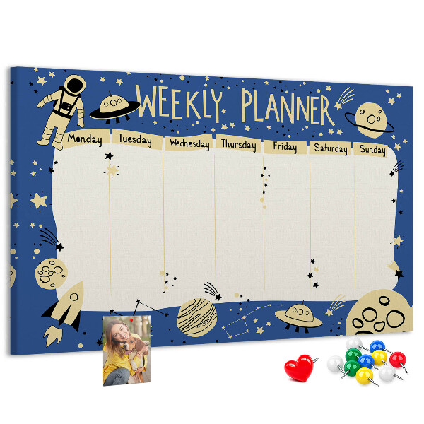Kurkbord kosmische weekplanner met planeten en sterren