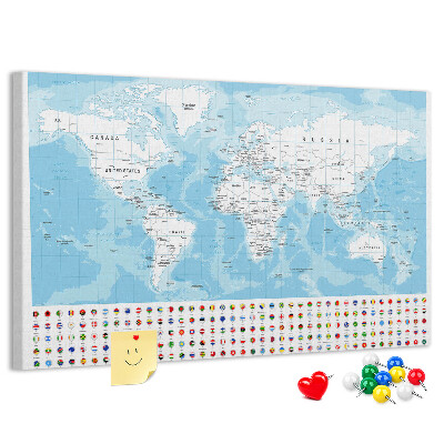Prikbord wereldkaart met gekleurde spelden