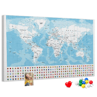 Prikbord wereldkaart met gekleurde spelden