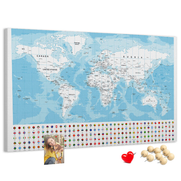 Prikbord wereldkaart met gekleurde spelden