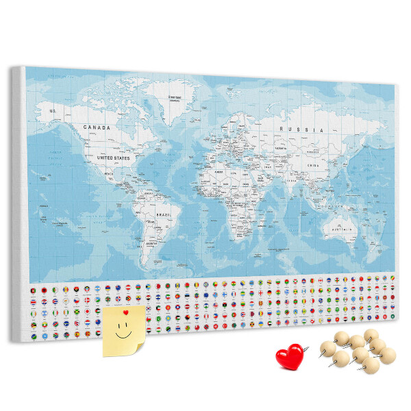 Prikbord wereldkaart met gekleurde spelden
