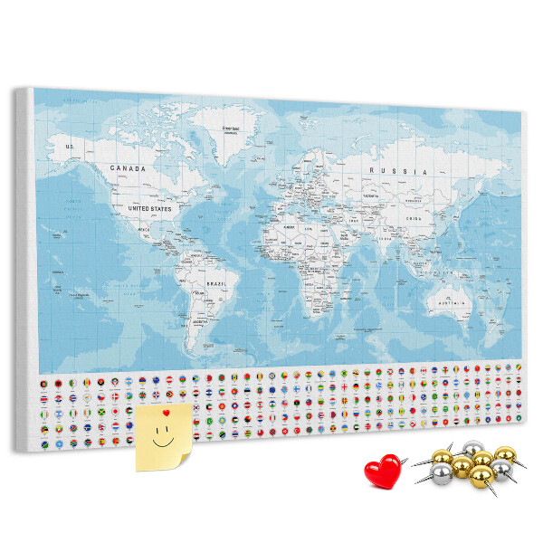 Prikbord wereldkaart met gekleurde spelden