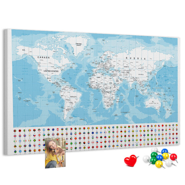 Prikbord wereldkaart met gekleurde spelden