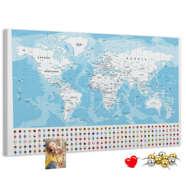 Prikbord wereldkaart met gekleurde spelden
