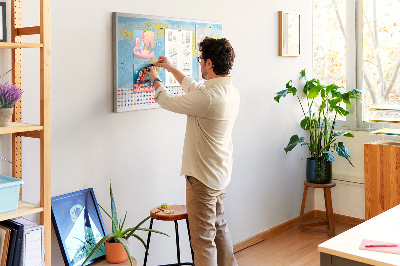 Wereldkaart van kurk met gekleurde spelden