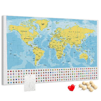 Wereldkaart van kurk met gekleurde spelden
