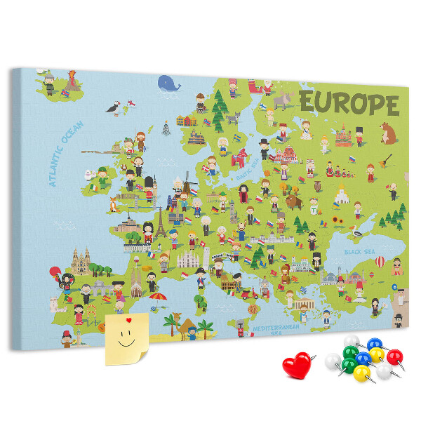 Kurk prikbord met een kleurrijke kaart van Europa inclusief culturele iconen